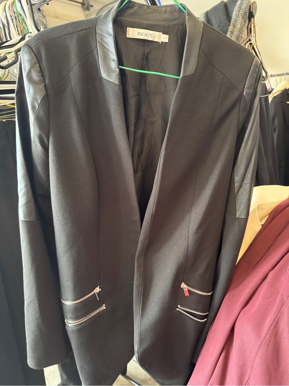 Ricki's Black Women's Open-Front Blazer with Faux Leather Trim
